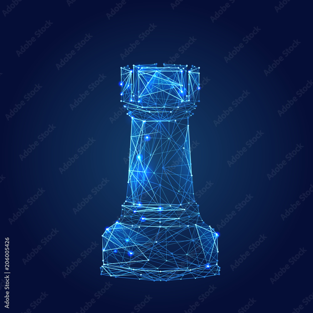 Aufkleber Abstract vector image of chess rook. Low poly wire frame illustration. Lines and dots. RGB Color mode. Chess game concept. Polygonal art.