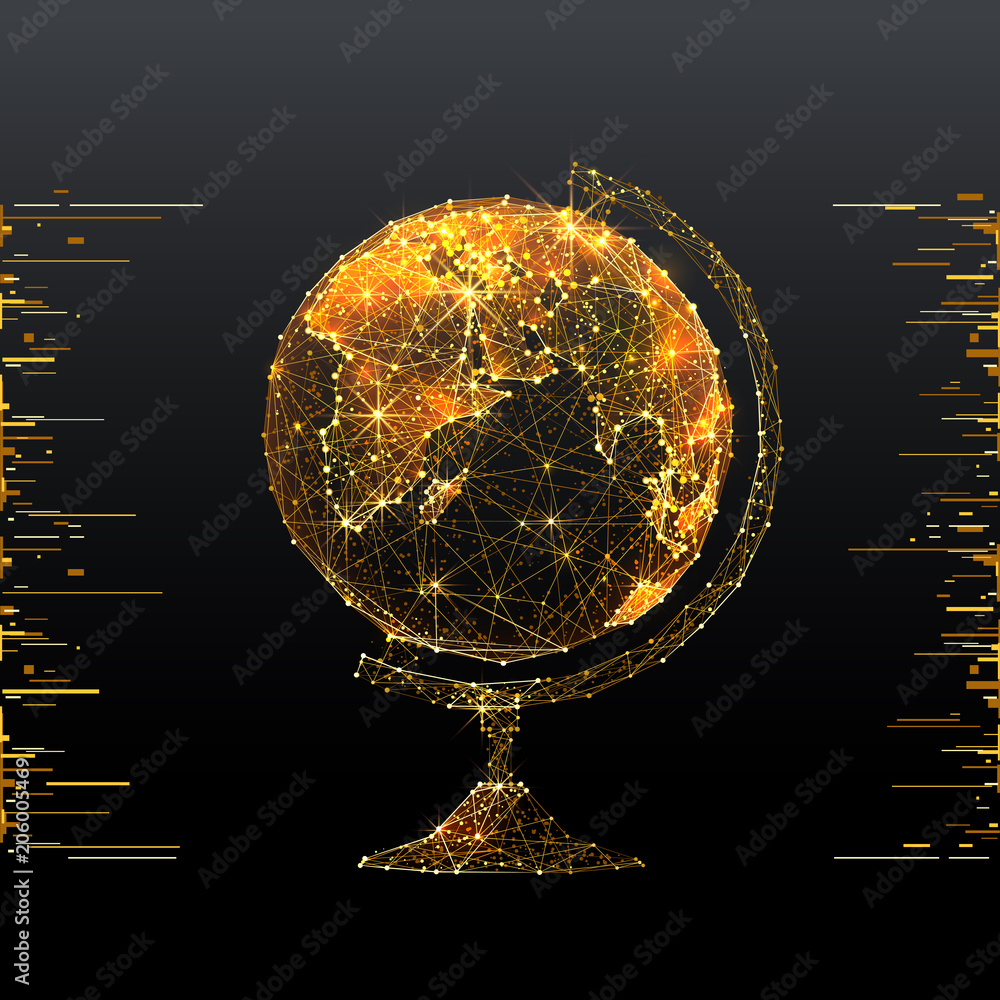 Fototapete globe. low poly wireframe illustration of planet earth in gold style. polygonal vector image in rgb 