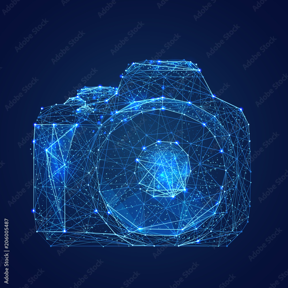 Leinwandbilder Abstract vector image of camera. Low poly wire frame illustration. Lines and dots. RGB Color mode. Photo concept. Polygonal art.