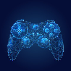 Abstract vector image of joystick for video games. Low poly wire frame illustration. Lines and dots. RGB Color mode. Computer games concept. Polygonal art. © AntonKhrupinArt