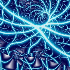 Abstract intricate detailed spiral ornament. Fantasy fractal design in blue and white colors. Digital graphics. 3D rendering.