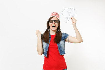 Happy woman in 3d glasses with bucket for popcorn on head watching movie film, holding say cloud with lightbulb, idea and doing winner gesture isolated on white background. Emotions in cinema concept.