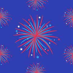 Fireworks night sky Seamless pattern. Happy independence day United states of America. 4th of July. Star and strip Flat design. Blue background.