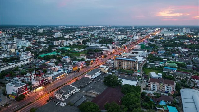 day to night timelapse of Aerial view of Nakhon Ratchasima city or Korat at sunset, Thailand