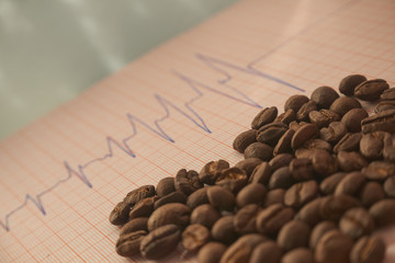 Loose roasted coffee beans on an ECG tracing