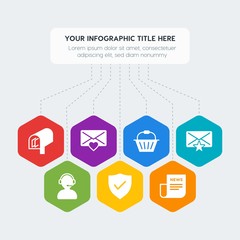 Flat geometric security, email, shopping infographic steps template with 7 options for presentations, advertising, annual reports