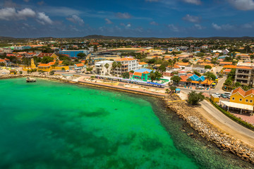 Fototapeta na wymiar Welcome to Bonaire, Divers Paradise. Arriving at Bonaire, capture from Ship at the Capital of Bonaire, Kralendijk in this beautiful island of the Caribbean Netherlands, with its paradisiac beaches.