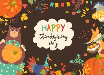 Frame of Thanksgiving day with cute animals and vegetables
