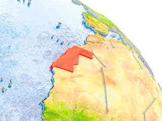 Fototapeta na wymiar Western Sahara in red model of Earth