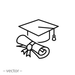 Graduation cap and diploma scroll, icon, line sign, vector illustration eps10