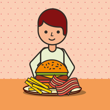 boy cartoon eating hamburger bacon and french fries vector illustration