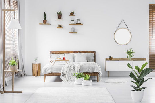 Morning in a bright and sunny modern white bedroom interior with wooden furniture. Cushions, blanket and food tray on the bed, nightstand beside and hanging round mirror on the wall. Real photo