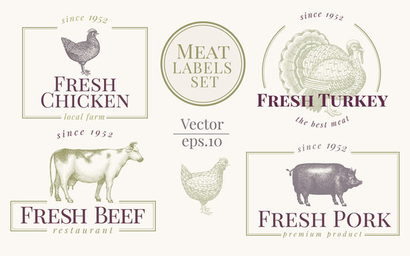 Labels with farm animals. Set templates logotype for shops and markets of organic food. Vector logo templates. Vintage. Hand drawn animals illustrations