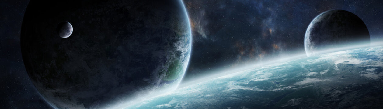 Panoramic view of planets in distant solar system 3D rendering elements of this image furnished by NASA