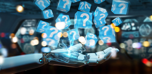 White robot hand using digital question marks 3D rendering