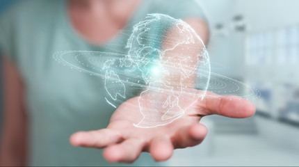 Businesswoman using globe network hologram with America Usa map 3D rendering