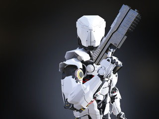 3D rendering of a futuristic robot cop holding gun.