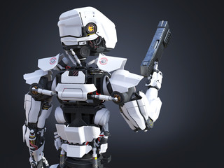 3D rendering of a futuristic robot cop holding gun.