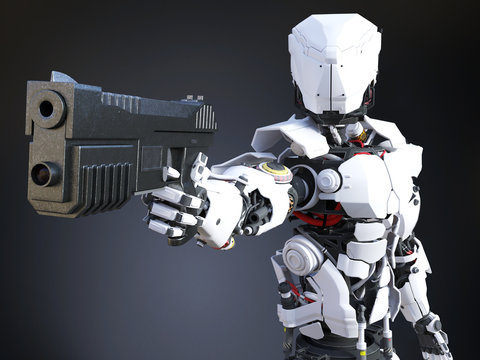 3D rendering of a futuristic robot cop holding gun.