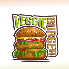 Vector logo for Veggie Burger, on poster bun with quinoa seeds, bean patty and vegetables with leaf of spinach in hamburger, original typeface for words veggie burger, illustration for fast food cafe.