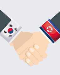 New hopeful friendship of North Korea and South Korea. Vector icon of handshake symbolizes a peace talks. sign of two hands of leaders. Sleeves are decorated by flags of East Asian countries.