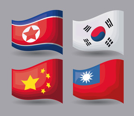 Icon set of Asian flags over gray background, colorful design. vector illustration