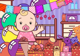 Festive background with a cute joyful  baby in a children's room with balloons, gifts, toys. Vector Shower, Birthday party card. Horizontal composition.