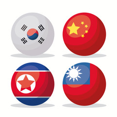 Icon set of Asian flags in button shapes over white background, colorful design. vector illustration