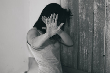 Fototapeta na wymiar Female slavery in an abandoned building, ending violence against women, international women's day.