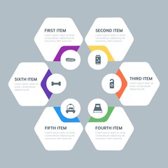 Flat geometric food, health, hotel, drinks infographic steps template with 6 options for presentations, advertising, annual reports.