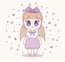 kawaii anime girl with decorative stars around over pink background, colorful design. vector illustration