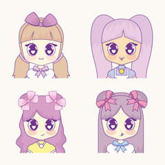 Icon set of kawaii anime girls over white background, colorful design. vector illustration
