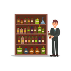 Man in formal suit standing near shelf with alcoholic beverages. Vendor holding bottle of vine. Liquor store. Flat vector design