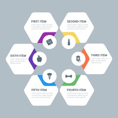 Flat geometric food, health, hotel, drinks infographic steps template with 6 options for presentations, advertising, annual reports.
