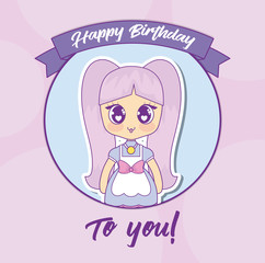 kawaii anime girl and decorative ribbon over pink background, colorful design. vector illustration