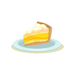 Slice of delicious lemon cake with cream. Homemade pie on plate. Tasty dessert.Flat vector design for cafe menu