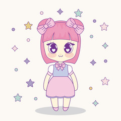 kawaii anime girl with decorative stars around over pink background, colorful design. vector illustration