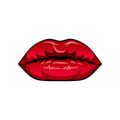 Glamour female lips with bright red lipstick. Woman s mouth. Flat vector design for mobile app, sticker or poster