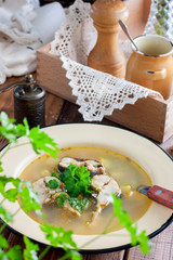 Herring soup with fresh herbs, selective focus