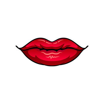 Chubby female lips with glossy red lipstick. Beautiful woman s mouth. Flat vector element for sticker, postcard or mobile app