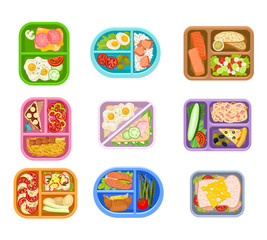 Flat vector set of lunch boxes plastic trays with delicious meal. Appetizing food. Salmon fish, fresh vegetables, eggs and sandwiches