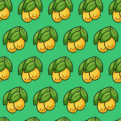 Seamless pattern with kawaii lemons, cute flat line style. Background for food themed products: package, kitchen textile and accessories, menu, food markets etc.Vector illustration.
