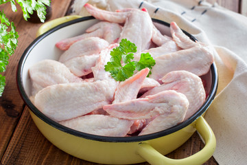 Raw chicken wings prepared for cooking, horizontal