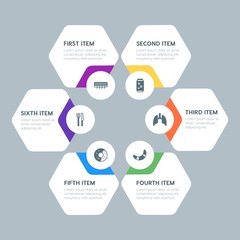 Fototapeta premium Flat geometric food, health, hotel, drinks infographic steps template with 6 options for presentations, advertising, annual reports.