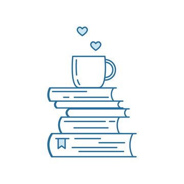 Pile of books and coffee or tea cup with heart symbols. I love reading concept for libraries, book stores, festivals, fairs and schools. Line icon. Vector illustration isolated on white.
