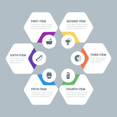 Flat geometric food, health, hotel, drinks infographic steps template with 6 options for presentations, advertising, annual reports.