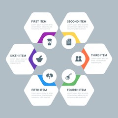 Flat geometric food, health, hotel, drinks infographic steps template with 6 options for presentations, advertising, annual reports.
