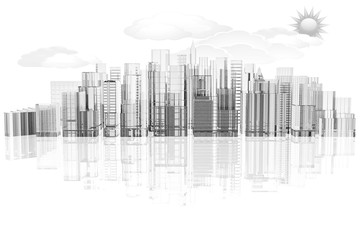 Fototapeta premium skyline città su sfondo bianco con riflesso.