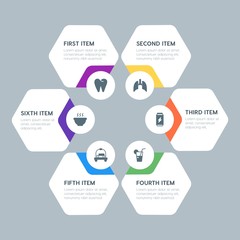 Flat geometric food, health, hotel, drinks infographic steps template with 6 options for presentations, advertising, annual reports.