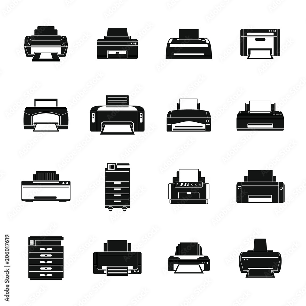 Poster printer office copy document icons set. simple illustration of 16 printer office copy document vecto